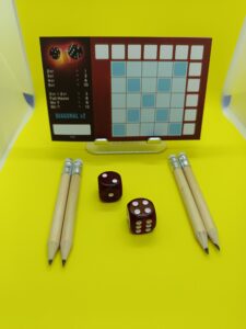 Knister Boxinhalt. Das Spiel besteht aus Block, 4 Bleistiften mit Radiergummi sowie 2 sechsseitigen Würfeln